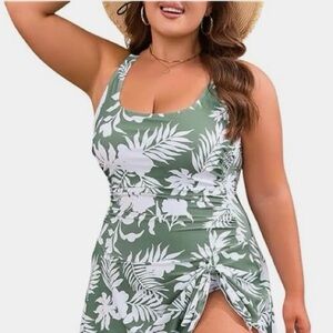Comenie Green Leaf Print One Piece Swimsuit